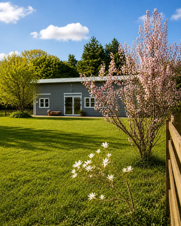 Woodside Kennels building in spring