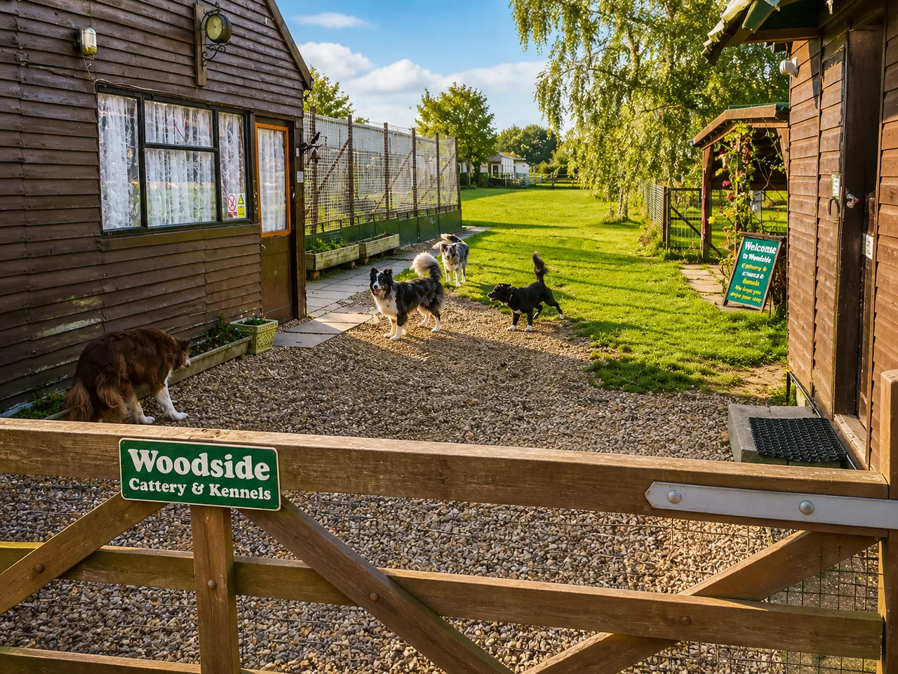 Dogs at the Woodside Kennels & Cattery gate